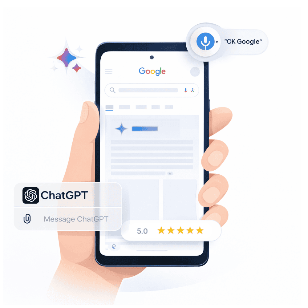 AI search marketing for local businesses showing visibility in Google, ChatGPT, and voice assistant search results.