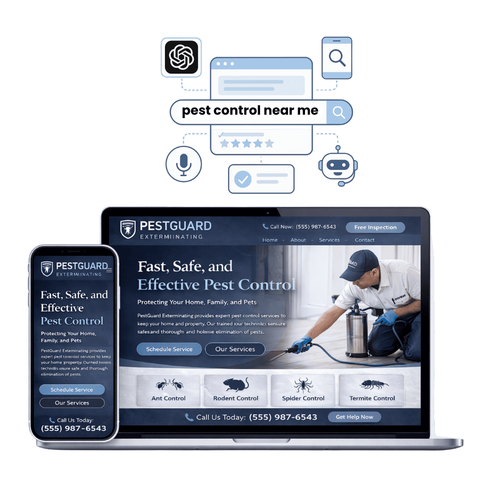 AI-powered pest control website design optimized for SEO, Google rankings, and ChatGPT visibility on desktop and mobile.