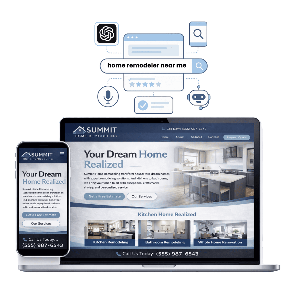 AI-powered home remodeling website design optimized for SEO, Google rankings, and ChatGPT visibility on desktop and mobile.