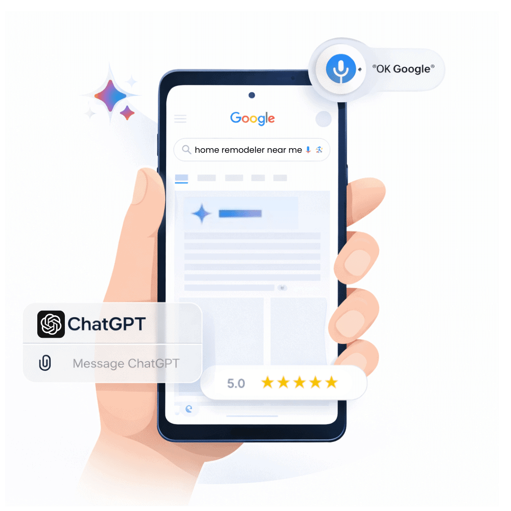 AI search marketing for home remodelers showing Google, ChatGPT, and voice assistant visibility across devices.