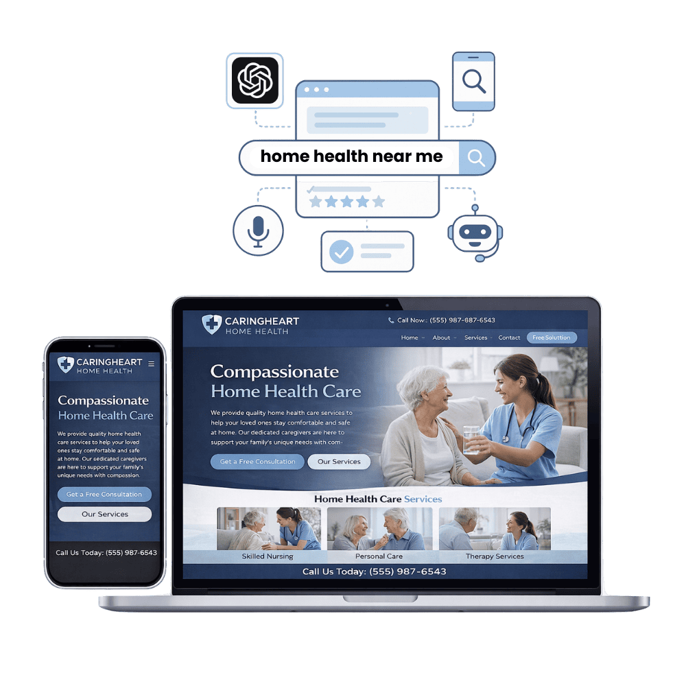AI-powered home health care website design optimized for SEO, Google rankings, and ChatGPT visibility on desktop and mobile.