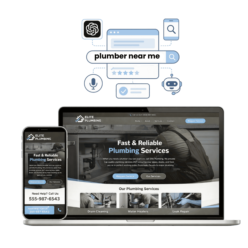 AI-powered plumbing website design optimized for SEO, Google rankings, and ChatGPT visibility on desktop and mobile.