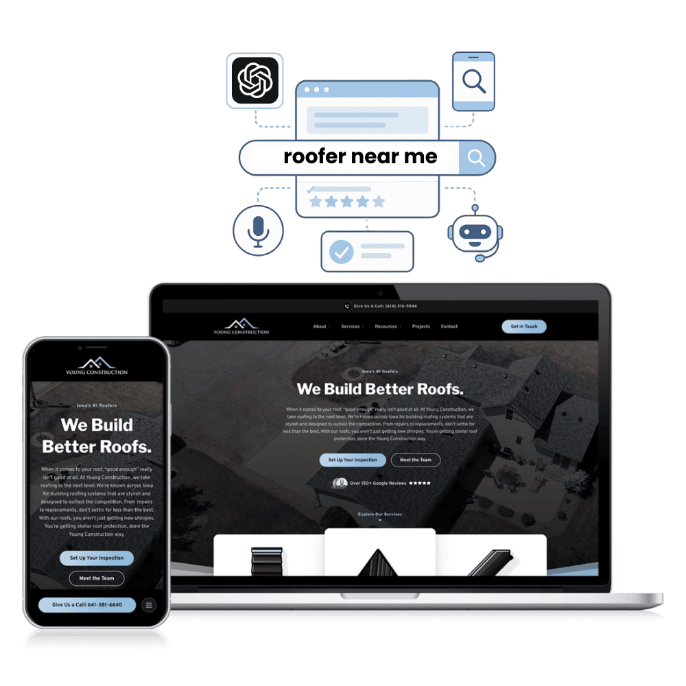 AI-powered roofing website design optimized for SEO, Google rankings, and ChatGPT visibility on desktop and mobile.