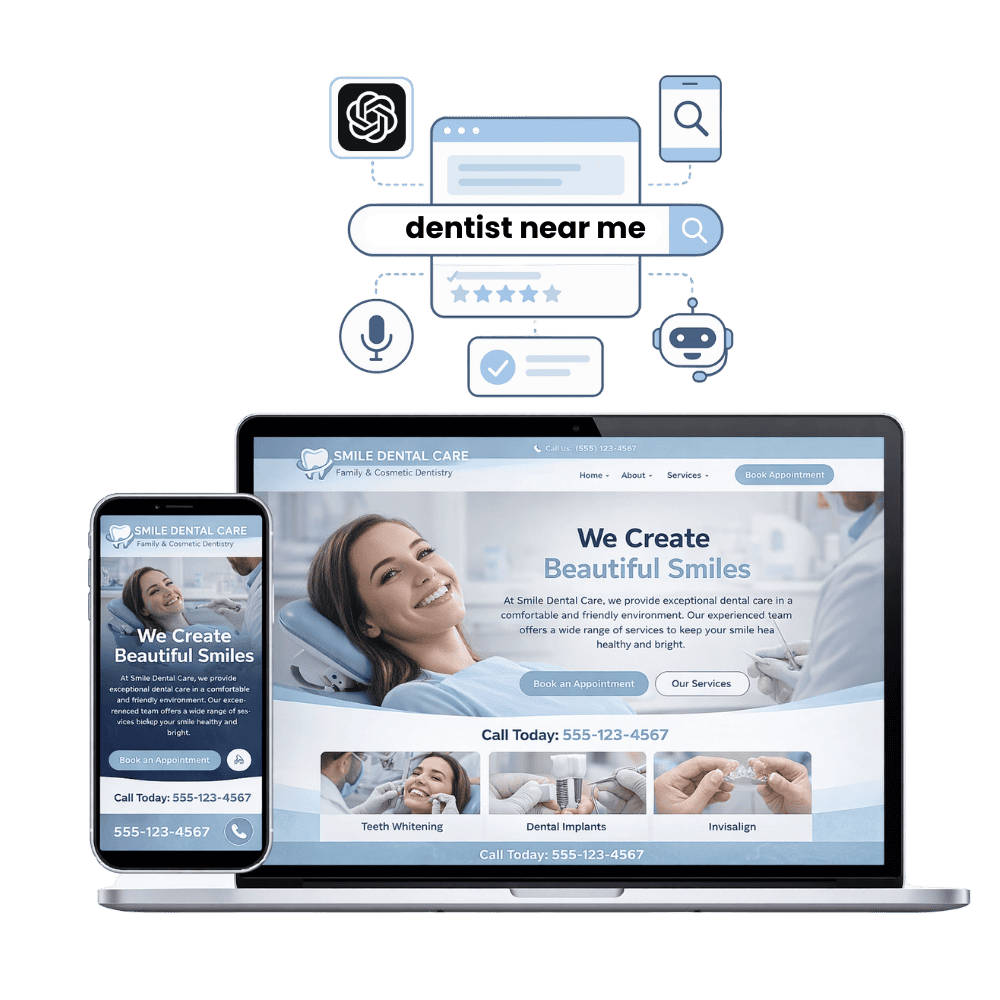 AI-powered dentist website design optimized for SEO, Google rankings, and ChatGPT visibility on desktop and mobile.
