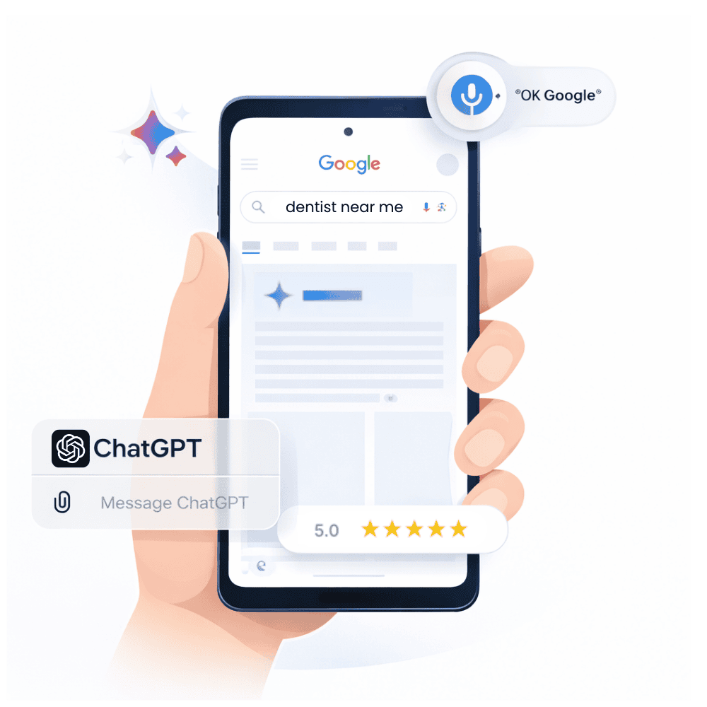 AI search marketing for dental practices showing visibility in Google, ChatGPT, and voice assistant search results.