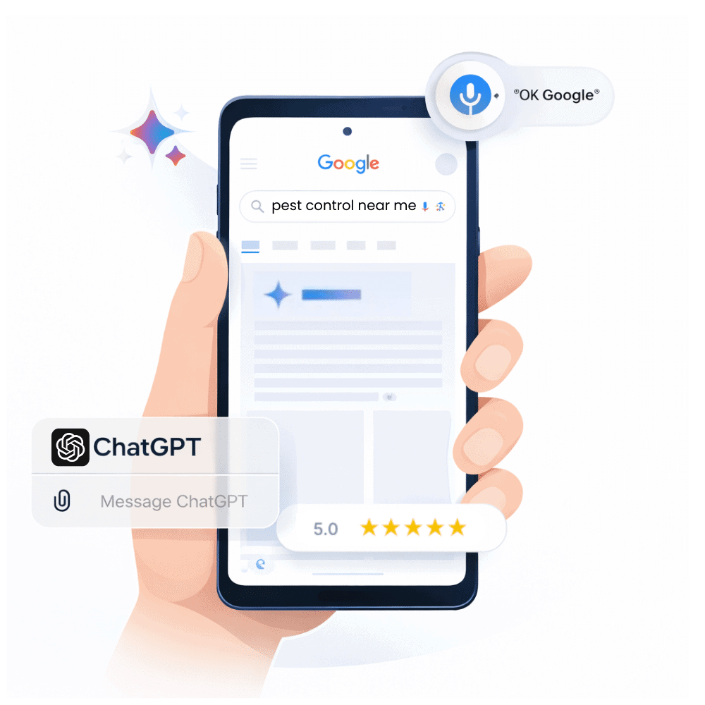 AI search marketing for pest control companies showing visibility in Google, ChatGPT, and voice assistant search results.