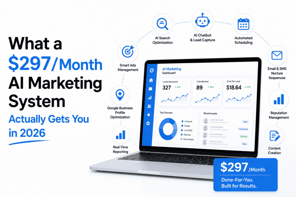 AI marketing system for local businesses at $297 per month — website, SEO, automation, CRM, and review generation